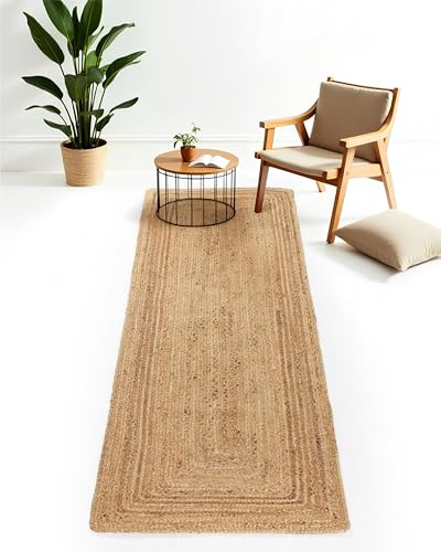 carpetfine Juteteppich Nele Läufer Brücke Beige handgewebt aus Jute 75x300 cm | Moderner Naturfaserteppich im Boho Style für Küche, Flur und Brücke