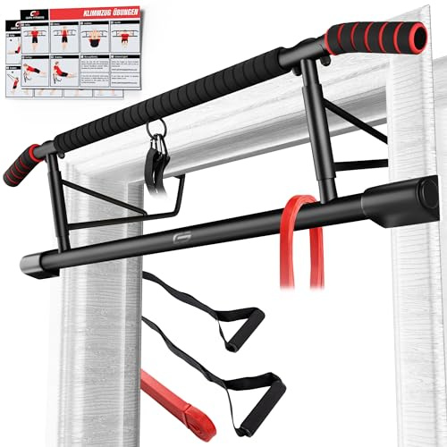 GATE FITNESS™ Pull Up Bar/Klimmzugstange für Türrahmen - Perfekte Kraftstation für Zuhause - ohne Schrauben | Heimtrainer klappbar - inkl. Pull up band + Schlingentrainer + Trainingposter