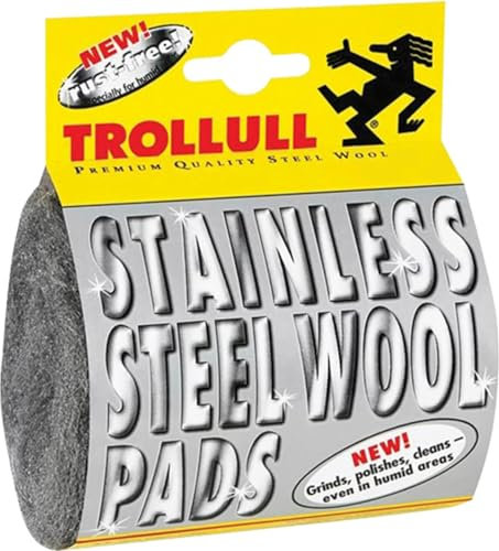 TROLLULL Steel Wool | Wire Wool Pads 2 rust-free extra-fine stainless steel wool, surface treatment in wet areas, cleans, grinds and polishes
