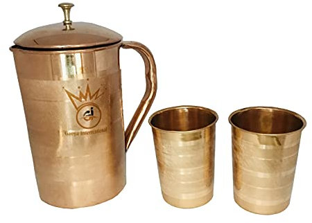 Wasserkrug aus reinem Kupfer, mit Glas-Set, 1.5 l, ayurvedisch, auslaufsicher, Kupfergefäß für Trinkwasseraufbewahrung und Servieren für gesundheitliche Vorteile, Yoga, Fitness, 1.5 Liter, 2 Gläser