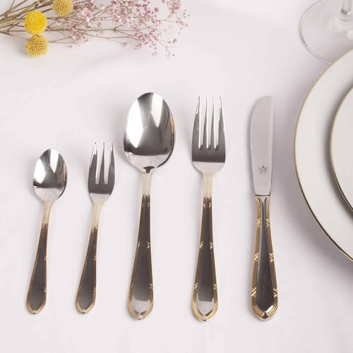 Set di posate Norimberg, in acciaio inox 18/10, decorati in oro, 30 pezzi, 6 cucchiai, 6 forchette, 6 coltelli, 6 cucchiai da dessert, 6 forchette da dessert
