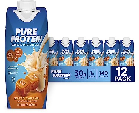 Puro Proteico Frullato, Bevanda Proteica a Basso Contenuto di Zuccheri con Vitamine e Minerali, Senza Glutine, Caramello Salato, Confezione da 4 (325 ml)