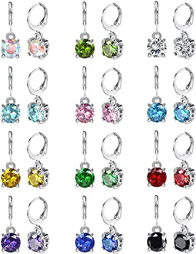 CASSIECA 12 Paar Leverback Ohrringe Ohrhänger Set für Damen Mädchen CZ Edelstahl Ohrringe 8MM Mehrfarbige Zirkonia Tropfen Ohrringe Creolen Ohrringe Geburtsstein Ohrringe Anti-Allergie