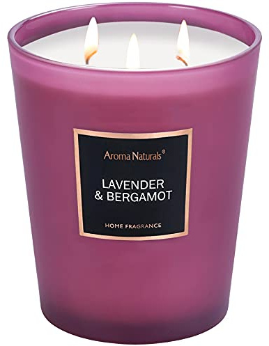 Aroma Naturals Candela profumata, 943 g/ 33,3 oz Candela grande 130 ore di combustione, Candele naturali per aromaterapia alla soia per la casa, 3 stoppini in cotone (Lavanda e bergamotto)