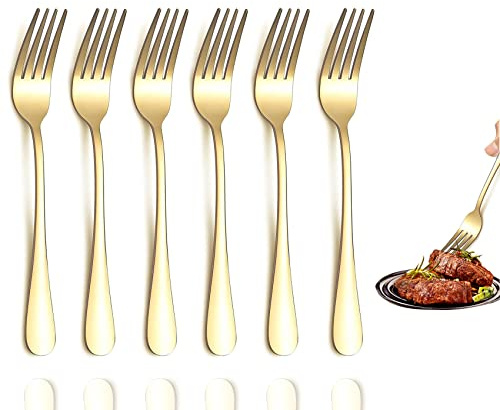 Juego de 6 tenedores de mesa dorados de acero inoxidable de grado alimenticio, 8 pulgadas, pulido espejo y aptos para lavavajillas, uso para cocina y restaurante