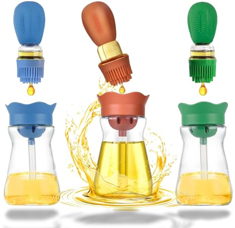 BENTFINE 3 Stück Ölflasche mit Pinsel Silikon, 200ML Olivenöl Flasche Auslaufsicheres Glas, 2 In 1 Silikon-Backpinsel, Ölspender Flexxibel Küchen-Pinsel Mit-Borsten Für Kochen, Grillen, Backen