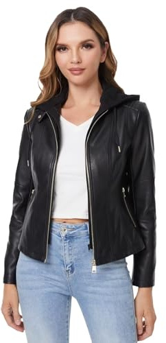 Giacca in ecopelle con cappuccio rimovibile per donna cappotto da motociclista, Nero 018, X-Large