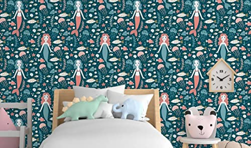 Myphotostation Papier peint sirène amovible à décoller et à coller pour chambre d'enfant 50,8 x 315 cm (l x H)