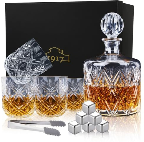 1917 Lead-Free Crystal Whiskey Decanter Set, 37 oz, 4 Glasses, Premium Gift Box for Bourbon, Scotch & Home Bar