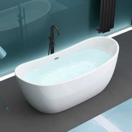 Mai & Mai Freistehende Badewanne aus Acryl 170cm Weiß | Oval Standbadewanne inkl. Push-Open Ablaufgarnitur Vicenza502-OA