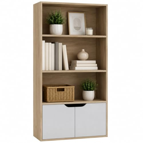 URBNLIVING Bücherregal mit 4 Etagen, breit, aus Holz, mit 2 Türen, Aufbewahrungsregal, Vitrine, Schrank, Eiche mit weißen Türen
