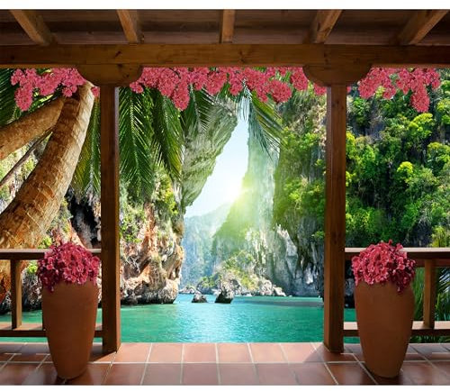 decomonkey - Papier Peint Panoramique Adhésif Paysage 245x175 cm - Stickers Muraux Chambre Déco XXL Autocollant - Marron gris blanc vert - Bois paysage fleurs nature palmiers plantes tropical