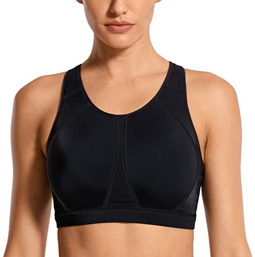 SYROKAN Women's Sports Bra for Large Breasts High Impact Full Coverage Padded Wireless Running Halter Neck Bra Black 2 36D