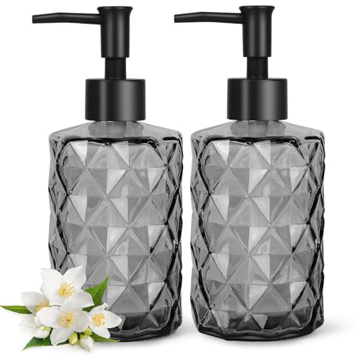 2 Glas Seifenspender Schwarz, 11oz Flüssigseifenspender mit Kunststoff Pumpkopf, Nachfüllbarer Handseifenspender für Küche Badezimmer, Spülmittelspender, Shampoo Duschgel Spender