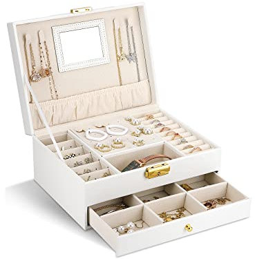 NCKIHRKK Joyeros, 2 Capas con Espejo. Organizador de Joyas Forro de Terciopelo de Mujer/Niña, para Anillos, Collares, Relojes, Pulseras, Blanco