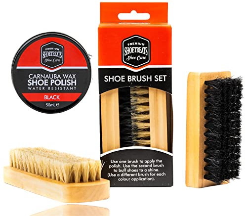 Shoetreats 2 Piece Traditional Wooden Handled Shoe Brush Set & Black Carnauba Wax Polish - Shoe Boot Cleaning Polish Buffing