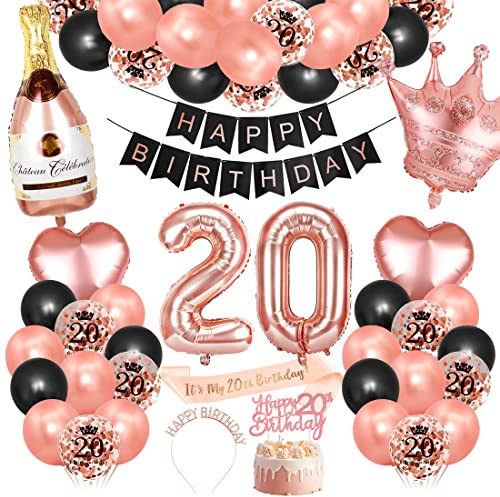 Bluelves 20. Geburtstag Dekorationen Mädchen, Rosegold Schwarz Deko zum 20 Geburtstag, 20 er geburtstag Happy Birthday Banner Girlande Konfetti luftballon,Geburtstagsdeko für mädchen