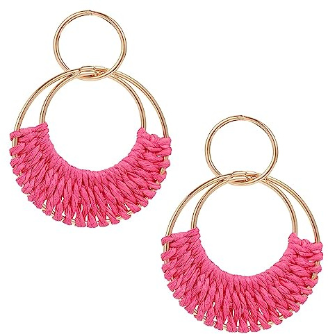 SIXDUTON Pendientes de Paja Hechos a Mano Para Mujer Boho, Grandes Colgantes Ratán Estilo Nacional Earrings Pendientes de Playa para Mujer Niñas (Rosa roja)