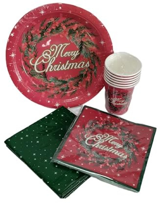 Lot de 25 pièces de vaisselle de fête de Noël traditionnelles faciles à nettoyer pour nappe, assiettes, gobelets en papier, serviettes en papier