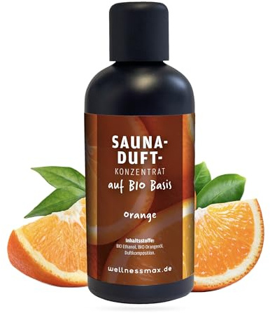 Wellnessmax Bio Sauna-Aufguss Orange Saunaöl auf Bio-Basis 100 ml I Premium Sauna Aufgussmittel für für Saunen, Aromaschalen, Kräuterbäder und Dampfbad ein 100% natürlicher Saunaduft