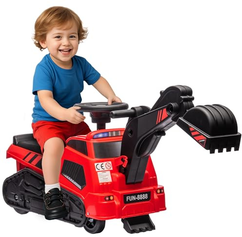 HOMCOM Ruspa Giocattolo con Volante e Benna di Scavo, 3 in 1 Macchina Cavalcabile per Bambini da 18 Mesi-2 Anni, 100x43x48.5 cm, Rosso