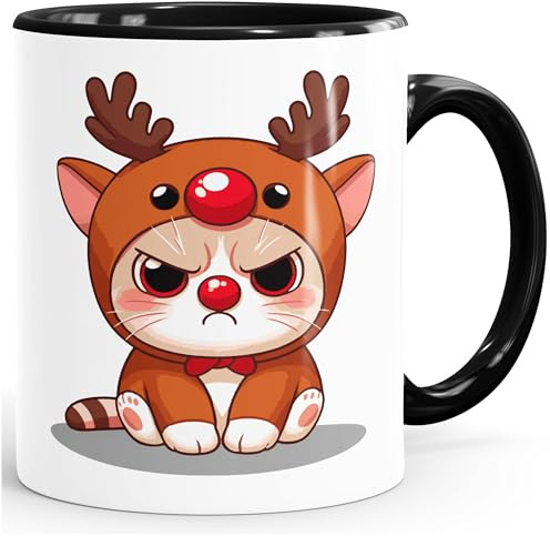 MoonWorks® Kaffee-Tasse Katze Rentier Rudolf Grumpy Cat Geschenk für Weihnachtsmuffel Anti-Weihnachten Motiv Weiss-innen-schwarz standard
