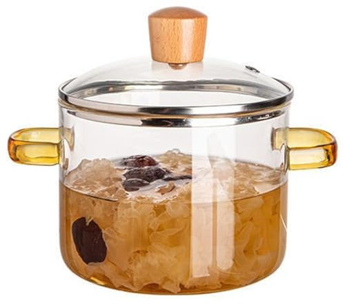 Klara krukor för matlagning, glaskokkärl med lock, 1,6 L genomskinlig gryta, mikrovågsglas simma gryta glaskrukor för matlagning soppa mjölkgröt, gult handtag