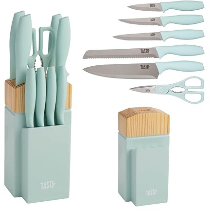 Tasty Kitchen Knife Set with Block, Cutlery Set includes Chef, Bread, Utility, Paring, Steak Knives & Shears, 10-Piece, Aqua