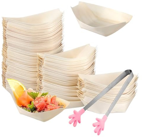 APOMOONS 200 Cuenco de madera de pino, vajilla desechable orgánica, sostenible y compostable, cuenco para aperitivos para comida con dedos salchichas de curry patatas sushi cuenco para servir platos