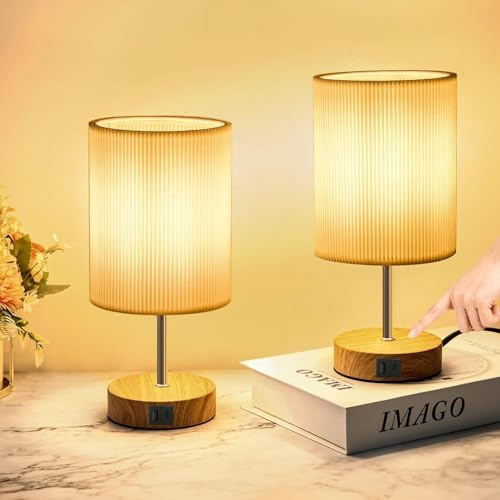 Aomeya Touch Control Table Lamp Set of 2, Dimmable Touch Control Nightstand Lamps with USB-C＆USB-A Charging Ports,with White Fabric Shade for Bedroom Living Room Office,Dimmable (Bulb Included)