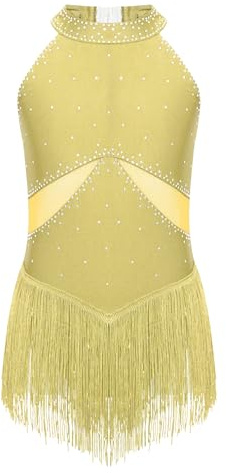 TiaoBug Body Danza Classica Bambina Ginnastica Ritmica Senza Maniche Nappe Leotards da Balletto Pattinaggio Artistico con Frange Strass Abito da Ballo Latino Americano Giallo 9-10 anni