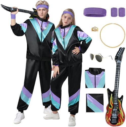 HarnyLoom Erwachsene 80er 90er Retro-Kleidung, Beliebte Kleidung Mit Aufblasbarer Gitarre, Sonnenbrille, Halskette und Band-Party, Junggesellenabschied, Trainingsjacke (Schwarz Lila, XL)