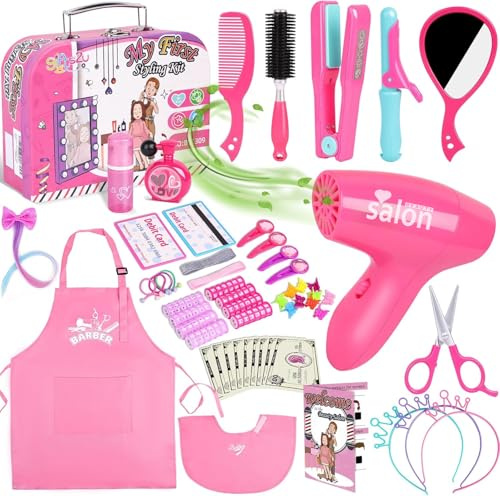 Friseurset Spielzeug Kinder,Gifts2U Friseur Set Schönheitssalon Set mit Spielzeug Haartrockner Haarglätter Kamm Spiegel Schürze Haarstyling Zubehör Kinderschminke Rollenspiel für Mädchen ab 3-8 Jahre