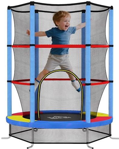 HOMCOM Trampoline pour Enfant Ø 1,40 x 1,90H m Filet de sécurité Porte zippée 6 poteaux rembourrés Inclus Charge Max. 45 kg Multicolore