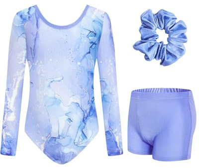 JiAmy Turnanzug Mädchen, Gymnastikanzug Kinder Turnshorts Haarband Set Gekreuzte Schulterriemen Turnanzug Leotard Set für 9-10 Jahre
