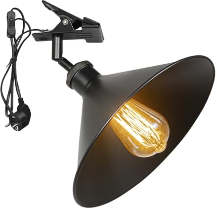 FSLiving Verstellbare Klemmlampe mit E27-Fassung,1 Packung Leselampe mit 1,8 m Kabel, Dimmbar Nachttischlampe,Schreibtischlampe für Büro Heimgebrauch - 26 * 10CM Schwarz Lampenschirm- TD0603