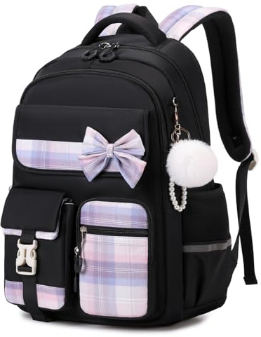 Tanou Schulrucksack Mädchen Kinderrucksack, Wasserdicht Rucksack Teenager Daypack, Kawaii Karo-Schulranzen für Mädchen 9-16 Jahre mit Trolleyband, Schwarz