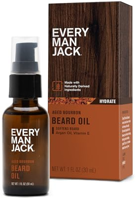 Every Man Jack Men's Beard Oil - Aged Bourbon Fragrance - Deeply Moisturizes and Softens Your Beard and Adds a Natural Shine - Naturally Derived with Shea Butter and Argan Oil - 1 fl oz