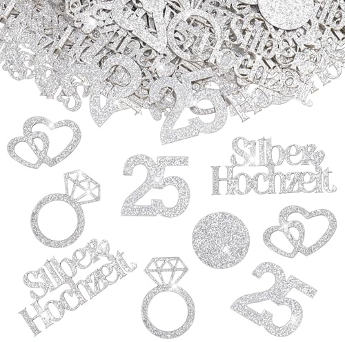 Affivia Doppelseitige Glitzer Silberhochzeit Deko Konfetti Groß 2,3-5,2cm, 100 Stk Deko Silberhochzeit 25 Jubiläum,Silber Hochzeit Streudeko mit Nummer 25,Herz,Ringe Motiven,25. Hochzeitstag Tischdeko