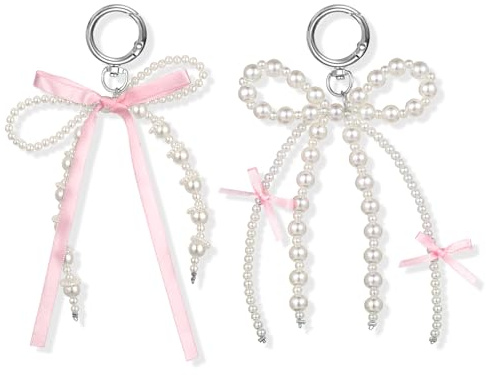 Tyqour 2 Stück Perlen Schleife Schlüsselanhänger Rosa Taschenanhänger Geldbörsen Schlüsselanhänger Damen Handgelenk Armband Anhänger Perlen Taschen Anhänger Mädchen Schmuckzubehör Geschenk für Frauen