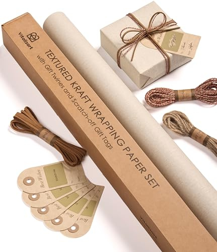 Vitalizart Papel de Regalo Kraft Rollo de 76 cm x 5 m con Cordones Cintas & Etiquetas para Regalos, Juego de Papel Beige para Envolver Regalos de Cumpleaños, Navidad, Baby Showers & Bodas.