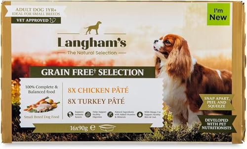 Langham's Natural Grain Free Wet Dog Food for Small Breeds – 16x90g Trays (8x Chicken, 8x Turkey) | High Meat Content | Hypoallergenic | Easily Digestible | No Artificial Additives