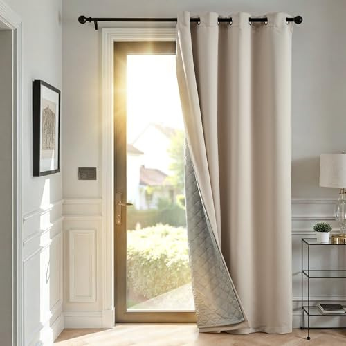 TOPICK Mörkläggningsgardin termiska dörrgardiner 203 cm hängande, avtagbar tjock mikrofiberfoder vindtät gardin för sovrum, ljudskydd för vardagsrum, beige, B 132 x L 213 cm, 1 panel