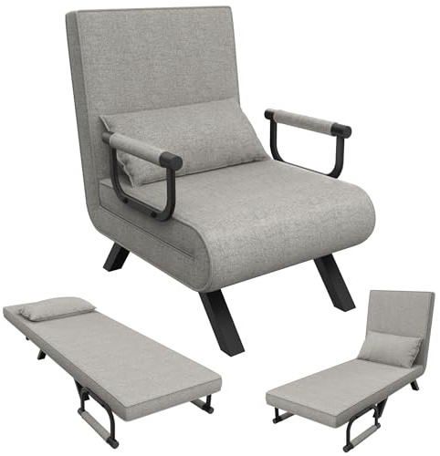 HENGMEI Schlafsessel 3 in 1 Klappbares Schlafsofa mit Bettfunktion, Gästebettfür Verstellbare Rückenlehne Klappsessel Klappbett mit Armlehne Kissen Sofabett Wohnzimmer, Schlafzimmer, Hellgrau