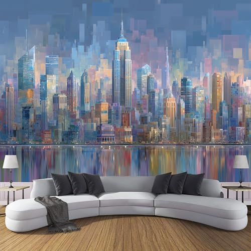 ZISTRCBAO Fondo De Pantalla Panorámica Paisaje Urbano De Nueva York 200x140cm, Edificios De Acuarela Fotomurales Seda Para Salón Dormitorio Oficina Pared De Fondo De TV, Multicolor