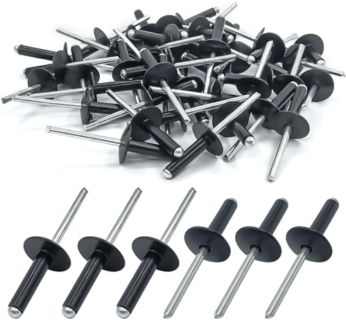 Alethron 50 Stück Aluminium Blindnieten 4.8 mm x 12 mm, Lackierte Nieten Großer Kopf Schwarz Popnieten Aluminiumniete und Stahldorn für Blindnietzangen