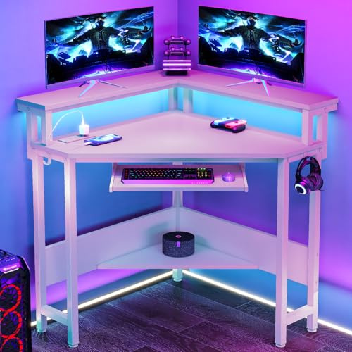 DUMOS Conner Desk Home Office Computer Desk for Small Space with LED Lights Gaming Table with Storage Shelves Power Outlets Monitor Stand Keyboard Tray for Bedroom, White