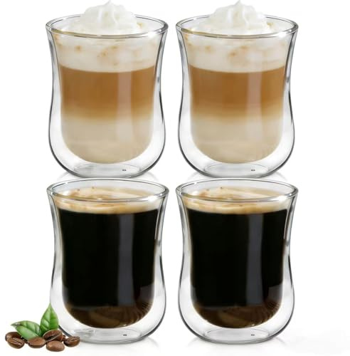 Foravgei 4PCS Double Walled Glass Cups, 200ml Espresso Coffee Mugs, Cappuccino Mugs Insulated Glass Tumblers,Clear Insulated Glasses Cups for Tea Hot & Cold Drinks, Latte,Water