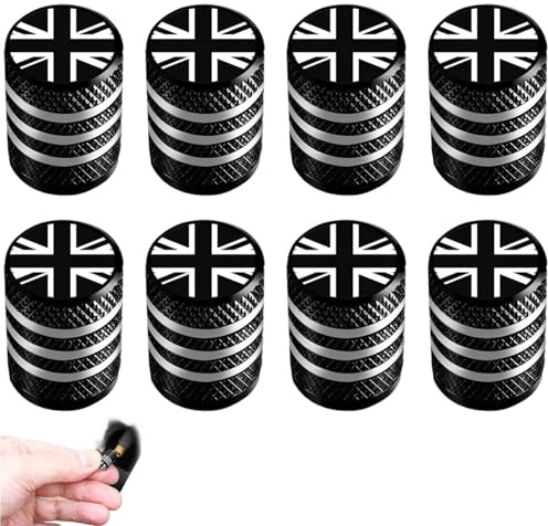 XIYING 8 Pcs Car Tyre Valve Caps, Car Dust Caps, Uk Flag Metal Tire Valve Cap for Cars, Trucks, Suvs, Bicycles, Motorcycles (Black)