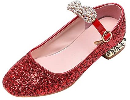 Sandali estivi per ragazze, piccoli/grandi, punta chiusa, paillettes, tacco basso, scarpe lucide per la scuola quotidiana, Rosso, 33 EU